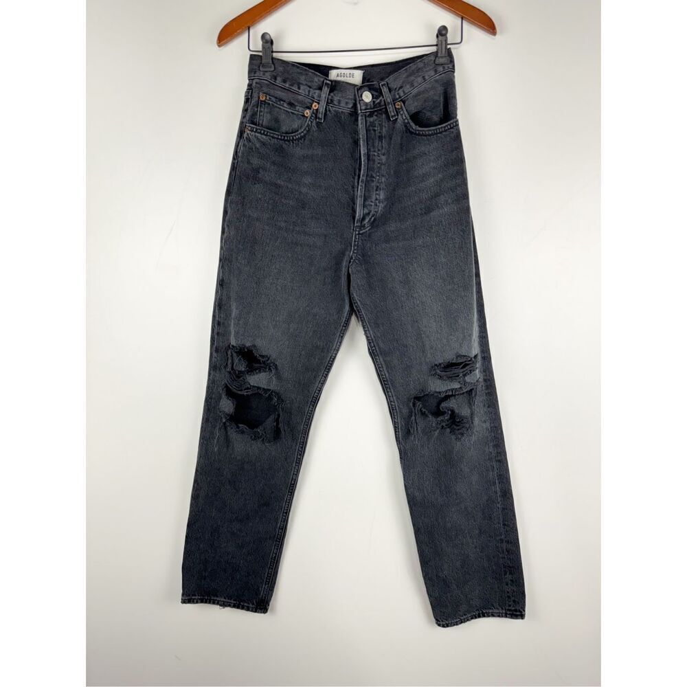 Agolde Women's Distressed Button Fly Straight 90's Jeans Charcoal Black Size 26